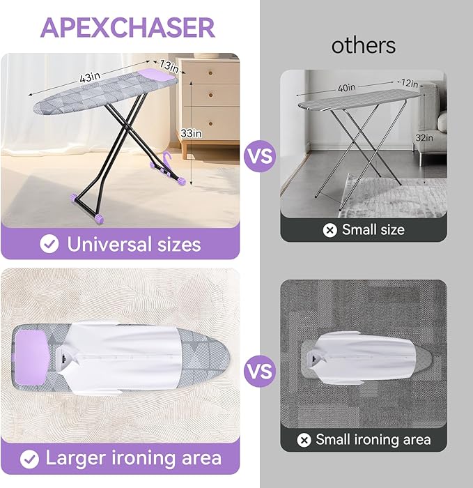 APEXCHASER Ironing Board with Iron Rest, Compact and Space Saver Iron Board, Extra Thick Cover, Height Adjustable, Wall Mount & Closet Hanger 13x43 Grey