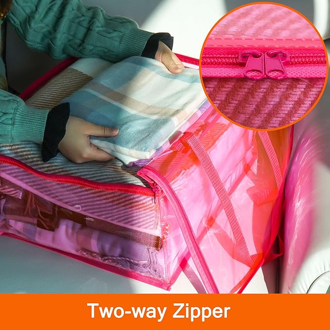 Vieshful Pink 40L Clear Clothes Storage Bag with Zipper 5 Pack Colorful Clothes Organizer Vinyl Storage Bag for Comforter, Blanket, Bedding, Duvet, Transparent Moving Totes