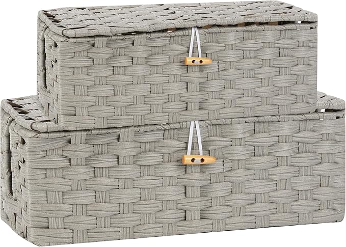 Temary Cable Management Box with Lids, 2-Pack Handmade Cable Organizer Boxes for Home, Office to Hide Cords and Power Strip, Cord Cover Floor Hider Set Woven Rattan Cable Organizer Box (Grey)