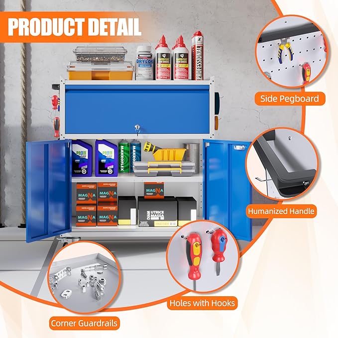 Aobabo Metal Cabinet with Wheels, Metal Garage Cabinet with 1 Drawer and 4 Hooks, Small Rolling Tool Storage with Pegboard and Handle, Blue Grey, Assembly Required