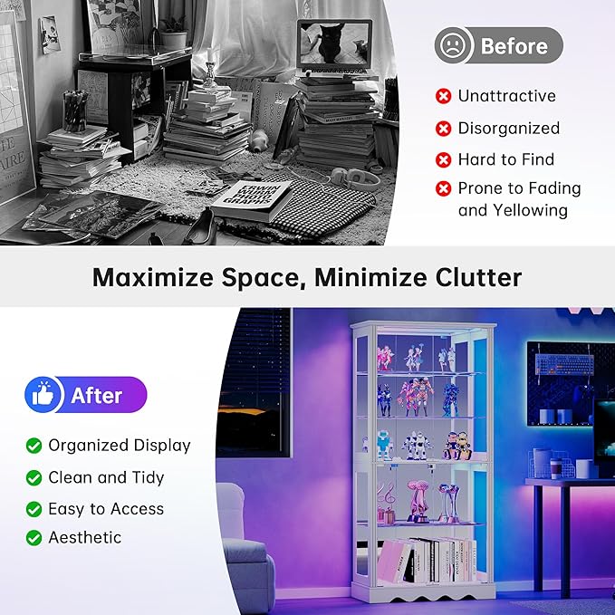 Glass Display Cabinet with RGB Light, 5-Tier Curio Cabinet for Collectibles, Display Case with Removable Shelves, Human Sensor Design, White
