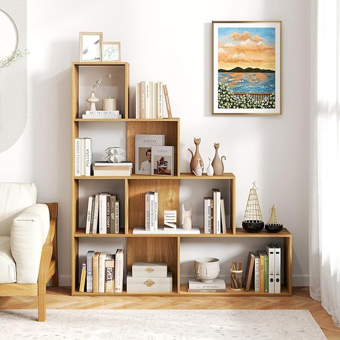 Tangkula 4-Tier Stepped Bookshelf, Freestanding 6 Cubes Ladder Bookcase with Anti-Tipping Kits, 64" Tall Modern Wooden Storage Display Rack for Home Office Living Room Study (2, Natural)
