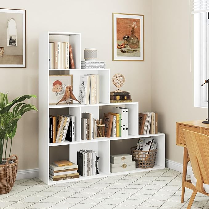 Tangkula 4-Tier Stepped Bookshelf, Freestanding 6 Cubes Ladder Bookcase with Anti-Tipping Kits, 64" Tall Modern Wooden Storage Display Rack for Home Office Living Room Study (2, White)