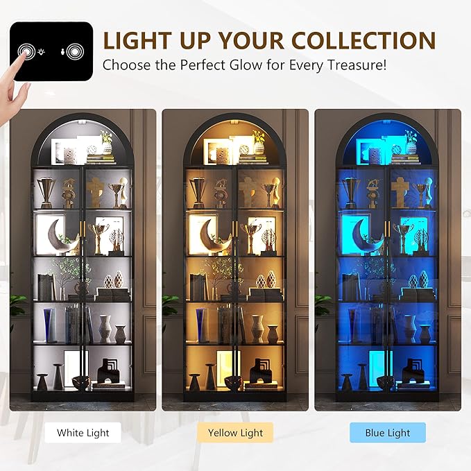 Arch Display Cabinet with Doors and Adjustable Shelves, 76" Tall Curio Cabinet with LED Lights/Storage Space, 6 Tier Display Case Bookcase for Collectibles Bedroom Living Room Office, Black