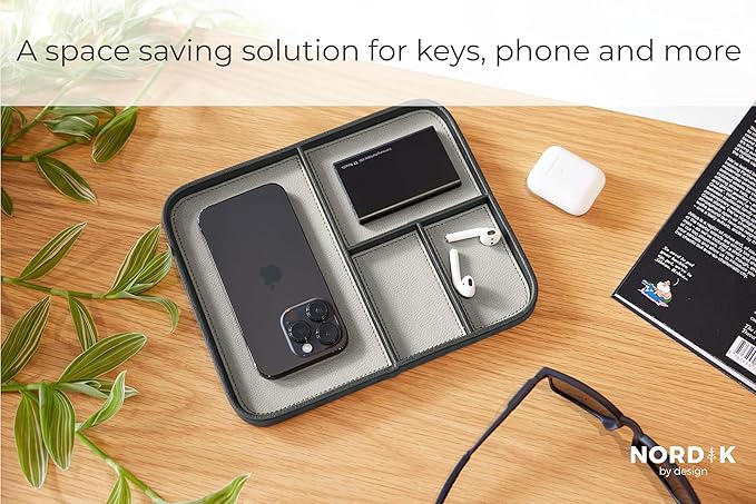 Nordik Leather Valet Tray - Sahara Gray - 9.5 x 7.9 Inch Medium Vegan Leather Tray - Stylish Nightstand Organizer for Men - Modern Bedside Caddy - EDC Catchall for Key Watch Wallet Jewellery
