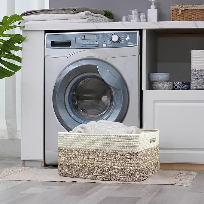 COMFY-HOMI 3 pcs Large Storage Baskets for Shelves, Laundry Basket, Woven Rope Basket, Closet Organizer Bins for Clothes Blanket Towels, Baby Nursery, Gift Toy Baskets, 17” x 13” x 7.5”-White/3 Brown
