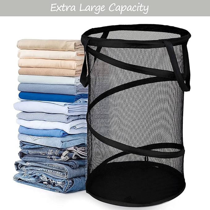 BATTOO 2 Pack Large Collapsible Laundry Basket Foldable Mesh Pop Up Hamper with Handles for Laundry Room, Bathroom, Kids Room, College Dorm, Travel, Storage Organizer Black