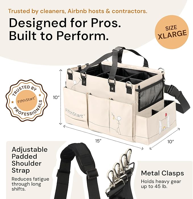 FifthStart Multiuse Cleaning Caddy - Adjustable Straps & Caddy Organizer with Handle - Mesh Base & 9 Pockets Organizer Bag - 5 Dividers & Washable Fabric Cleaning Tote (beige, XL)