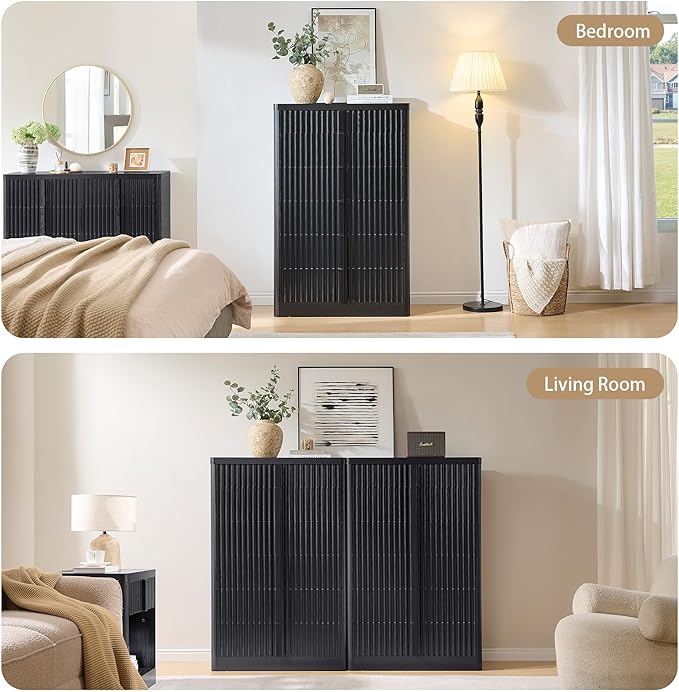 Black Fluted Dresser for Bedroom, Chest of Drawers, 48" Tall 6 Drawer Dresser, Curved Profile Design, Modern Wooden Chest of Drawers with Solid Wood Handle for Living Room, Bedroom