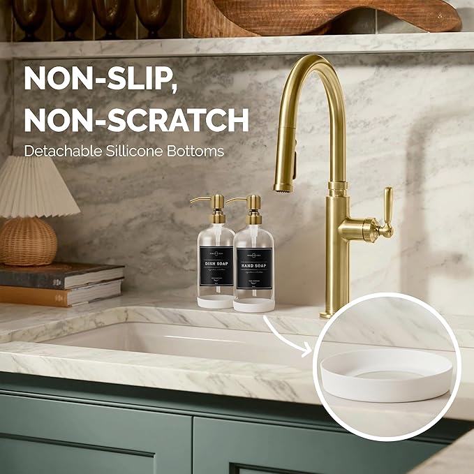 Vine Creations Clear Glass Soap Dispenser, 2 Pack Kitchen Soap Dispenser Set with Stainless Steel Pump, 16 oz Dish Soap and Hand Soap Dispensers for Bathroom with Waterproof Labels