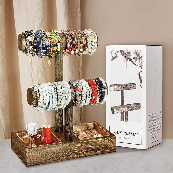 LadyRosian 2 Tier Wooden Display Jewelry Accessory Stand Jewelry Bracelet Holder Bangle Watch Necklace Storage Jewelry Box Organizer, (Brown-2 layers)