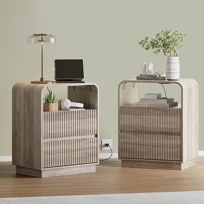 Grey Nightstand with Charging Station, Mid Century Modern Bedside Table & End Table, Fluted Wood Small Night Stand with 2 Hidden Drawers and Storage Shelf for Bedroom, Gray