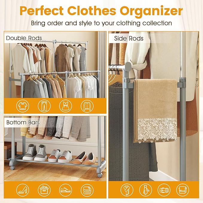 COSTWAY Double Rod Clothing Rack, Heavy-Duty Metal Garment Rack with Extendable Height & Width, Adjustable Rolling Closet Rack for Hanging Clothes with Wheels for Dressing Room, Laundry, Living Room