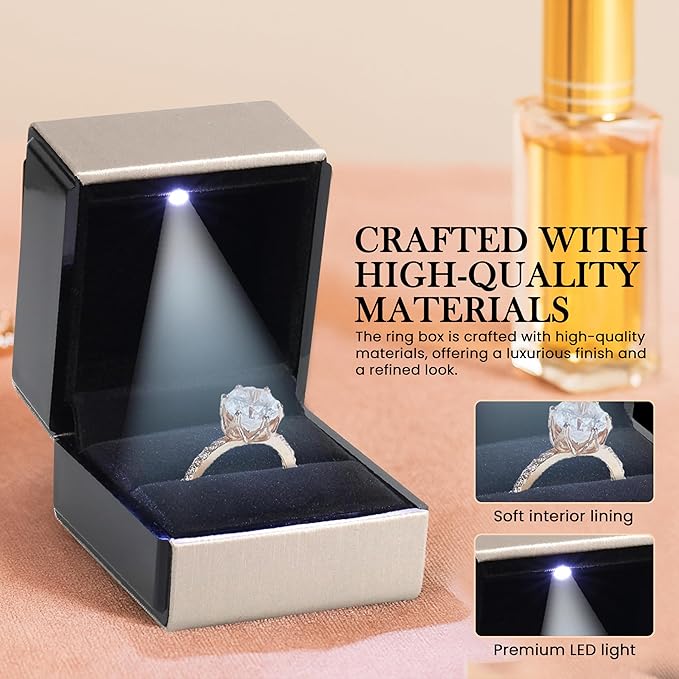 Novel Box Square Shaped Gold Ring Box With LED Light 2.25X2X2.5 Inches - Jewelry Ring Case Best for Jewelry Displays - Gift Boxes for Mother's Day, Engagement, Anniversary & more Happy Occasions