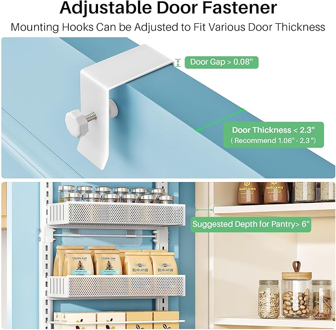 SNTD Over the Door Pantry Organizer - 8 Tier Adjustable Pantry Door Spice Organizer, Large Capacity Hanging Door Spice Rack for Kitchen Pantry Organizers and Storage (White, 12.3" W x 4.7" D x 69" H)