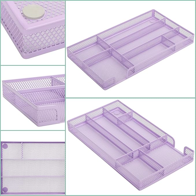 Annova Desk Drawer Organizer/Storage Tray - Metal Mesh with Dividers for Pens, Desktop Accessories, Bathroom, Kitchen, Makeup and Office Supplies (Small, Light Purple)