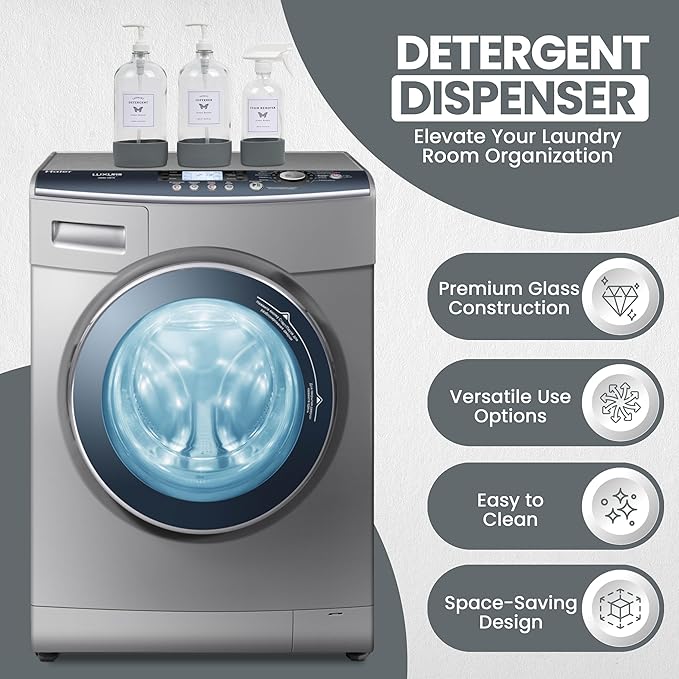 Glass Laundry Dispenser Set w/Silicone Base, 2x 34 oz & 1x 17 oz Pump Dispensers for Liquid Detergent/Stain Remover