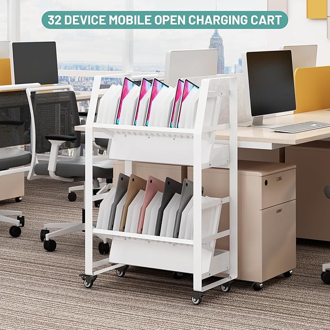32-Device Mobile Charging Storage Cart, Lockable Charging Station with Removable Slots & Cable Management for Tablets, iPads