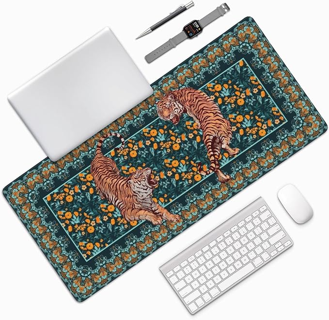 Vintage Floral Tiger Large Mouse Pad, Vintage Aesthetic Gaming Desk Mat, XXL Keyboard Desk Pad Mat for Desktop, 35.4"x15.7" Non-Slip Base Big Mousepad with Stitched Edges