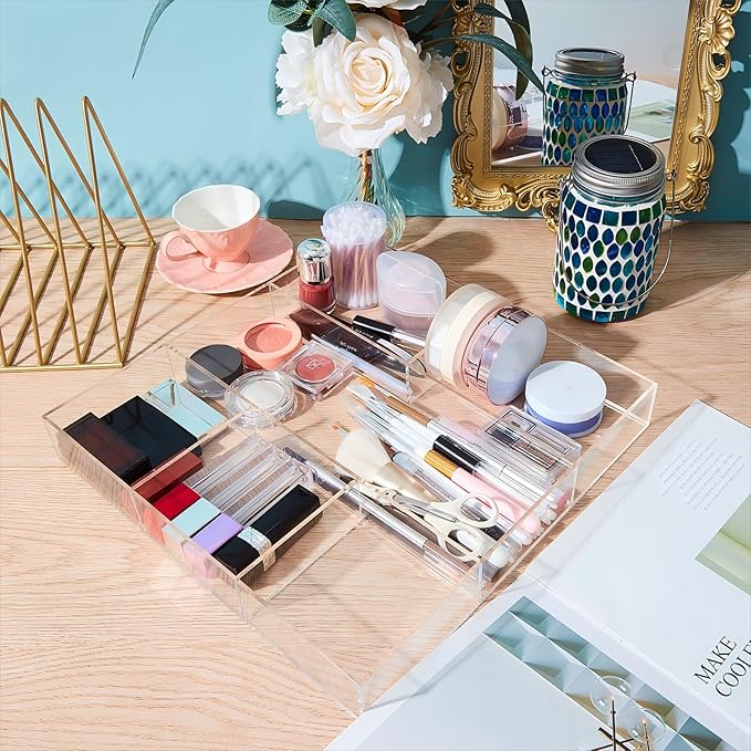 Chunful Clear Drawer Organizer 2 Pieces 6 Section Clear Desk Organizer with Dividers 3 Section Acrylic Makeup Tray Divided Drawer Inserts Sectioned Tray Makeup Storage