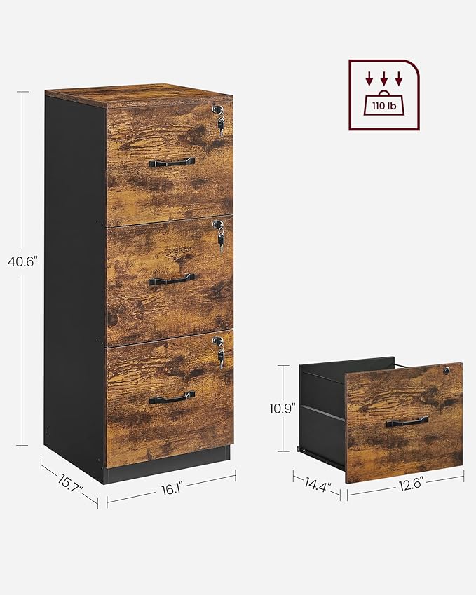 VASAGLE 3-Drawer Vertical File Cabinet, Rustic Brown and Black, for Home Office and Bedroom, A4 and Letter-Size Files, Lockable Drawers, Adjustable Hanging Rail, Printer Stand