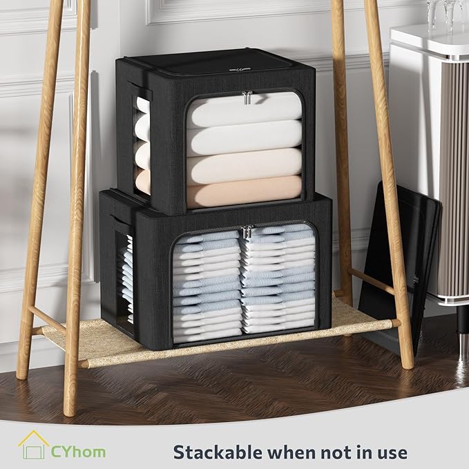 CYhom 3Pack Foldable Storage Bins - Frame Storage Box Linen Fabric Stackable Clothes Container Organizer with Clear Window & Carry Handles Large Capacity (Large-66L, Black)