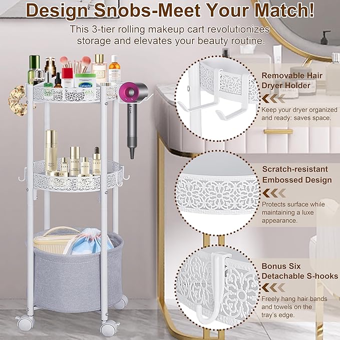 Rolling Makeup Cart Organizer with Removable Hair Dryer Holder, 3 Tier Round Floor Makeup Organizer with Wheels for Cosmetic, Perfume, Nail Polish, Small Space Bathroom Storage Cart, White