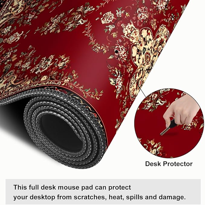 Red Vintage Persian Rug Mouse Pad – Large Extended Desk Mat 31.5 x 11.8 in– Oriental Carpet Design, Non-Slip Rubber Base, Waterproof Surface, Keyboard & Mouse Pad for Office, Gaming, Home