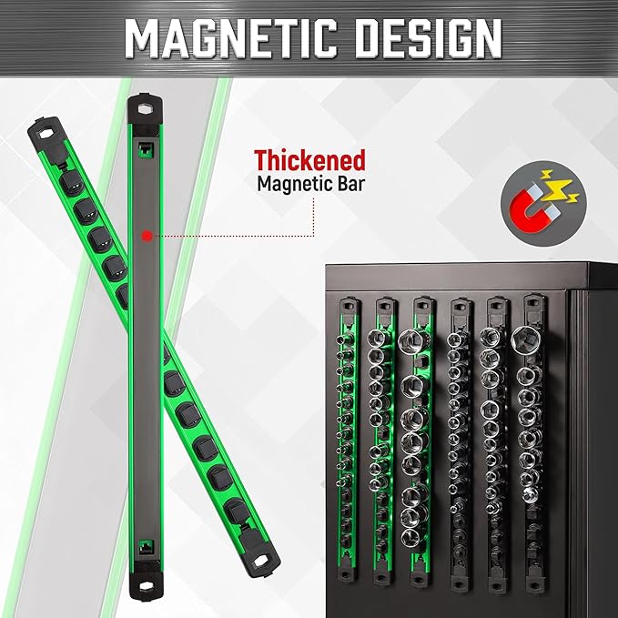 ALOANES 1/2-Inch Drive Magnetic Socket Organizer, Heavy Duty Aluminum Socket Rail Organizer, 360° Swivel Clips Socket Holder Kit for Tool Box, 1/2 Inch Socket Holder x 12 Clips (Green)