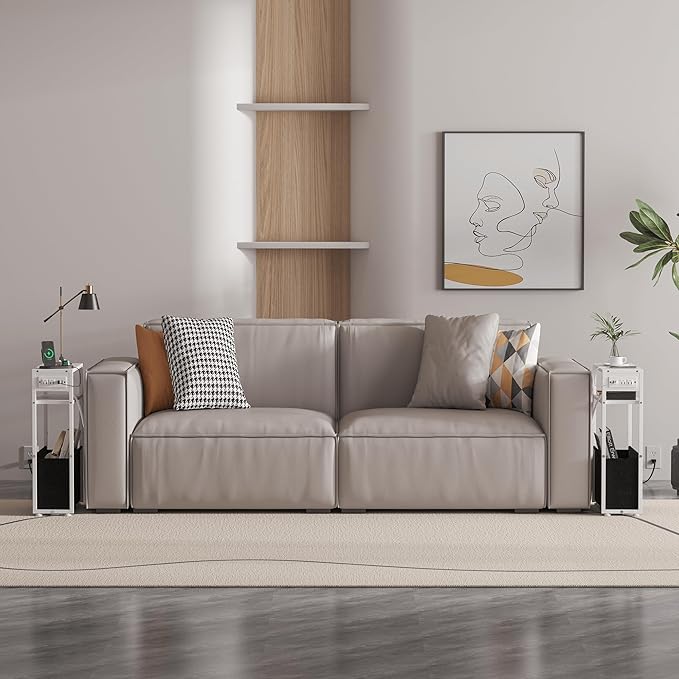 White Side Table with Charging Station, Slim End Tables with Fabric Basket, Skinny Table for Small Spaces, Thin Bedside Table for Living Room, Bedroom