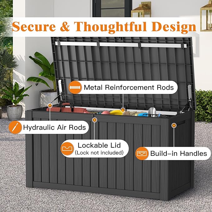 Outdoor Storage Box - Lockable Waterproof UV-Resistant Resin Deck Box for Patio Cushions, Pool Accessories (Black, 150 Gallon)