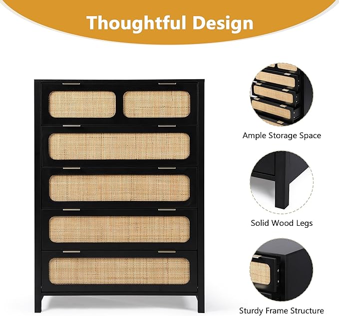 5 Drawer Dresser with Rattan Finish, Modern Farmhouse Chest of Drawers with Metal Handles, Accent Wood Storage Cabinet for Bedroom, Living Room (Black)
