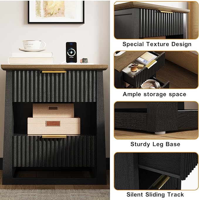 HIFYOBRO Fluted Nightstands with Charging Station & Motion Sensor Light, Modern Bedside Tables with 2 Drawers and Storage Shelf for Bedroom, Black