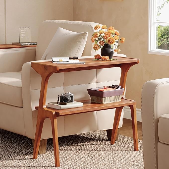 Solid Wood End Table, 2-Tier Side Table with Storage Shelf, Wooden Modern Accent Slim Bedside Table for Sofa, Living Room, Bedroom, Small Space, Easy Assembly, Cherry