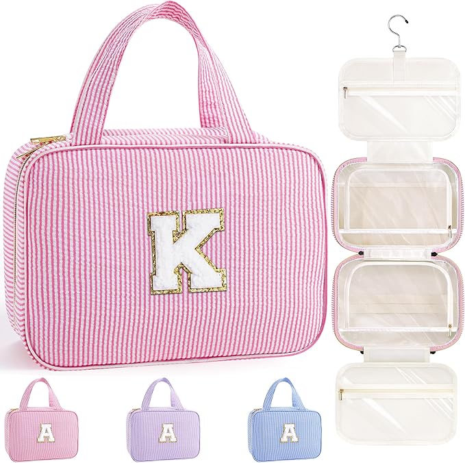 TOPEAST Christmas Gifts for Women Stocking Stuffers - Travel Hanging Toiletry Bag, Personalized Initial Toiletry Pouch, Birthday Gifts for Women Mom Daughter Sister Friends, Cruise Essentials, Pink K