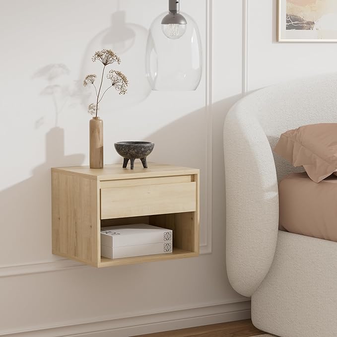 Floating Nightstand Set of 2, Wall Mounted Bedside Table with Storage Drawer and Open Shelf, Modern Night Stand withHandless Design for Living Room, Bedroom, Dorm, Light Oak