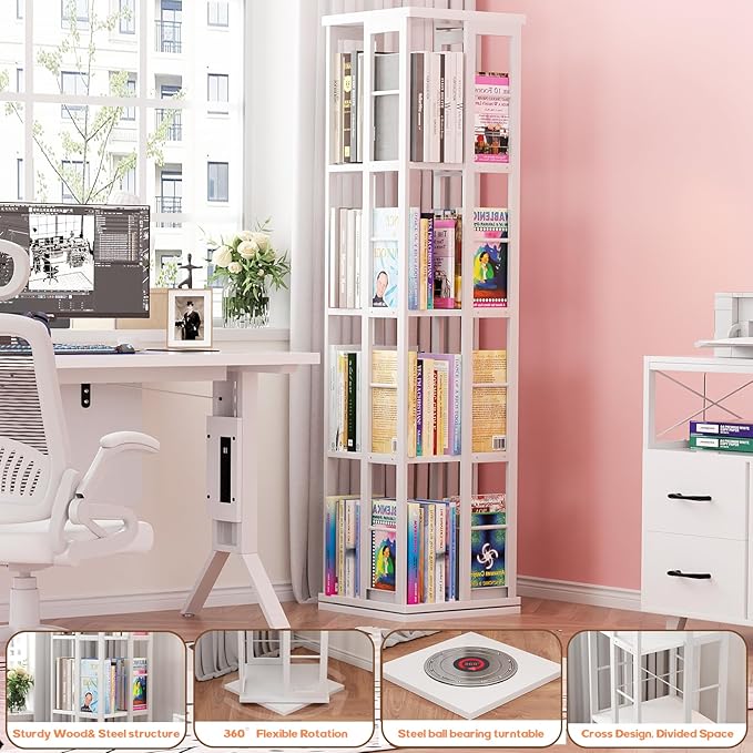 Aheaplus Rotating Bookshelf, 4-Tier Corner Bookshelf, 360 Display Wood Spinning Bookshelfs, Floor Standing Bookcase Narrow Shelf Revolving Organizer Storage Rack for Small Space, Study Room, White