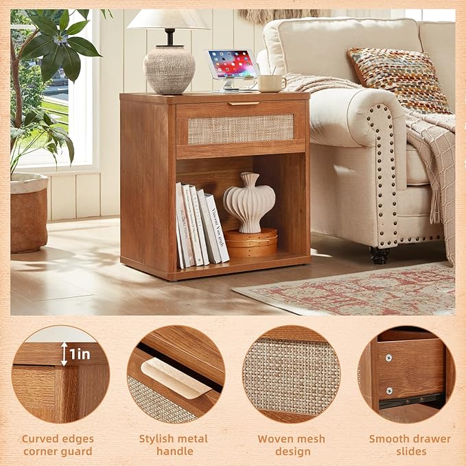LEYAOYAO Rattan Nightstand with Charging Station, Tea Brown Night Stand with Drawer, 23" Wide Boho Bedside Table with Storage Shelf, Bed Side End Tables for Bedroom, Living Room, Hallway