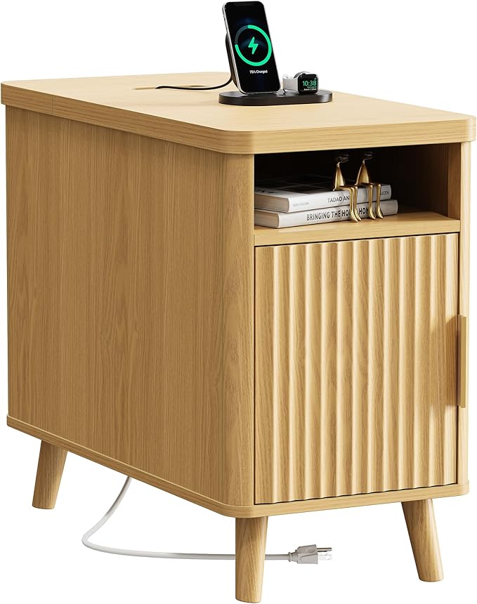 Huuger Narrow End Table with Charging Station, USB-C Port, Fluted Nightstand with Storage Cabinet, Back Rack, Side Table for Small Spaces, 13.4 × 23.6 Inch Night Stand with Storage, Natural
