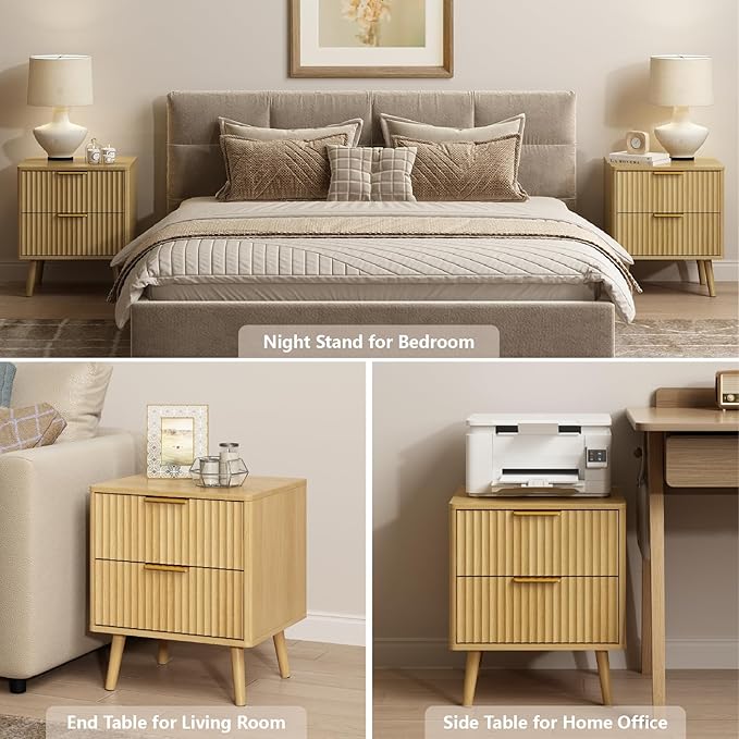 CARPETNAL Fluted Nightstand, Oak Bedside Table with 2 Drawers and Gold Handles, Wood End Table Mid Century Night Stands for Bedroom Living Room