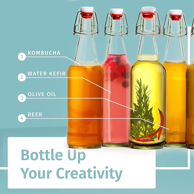 Otis Classic Glass Bottles with Caps - Set of 6 Clear Swing Top Glass Bottles w/Ceramic Lids for Storing Kombucha, Liquor, Syrup, Wine, Kefir & Beer - Bonus Marker & Labels Included, 16oz