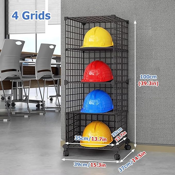 Stackable Safety Helmet Storage Boxes, Large Adjustable Hard Hat Placement Organizer Rack,with Wheels,for Construction Site/Garage/Workshop/Factory Helmet Display Shelf (Black, 4 Grids-1 * 4)