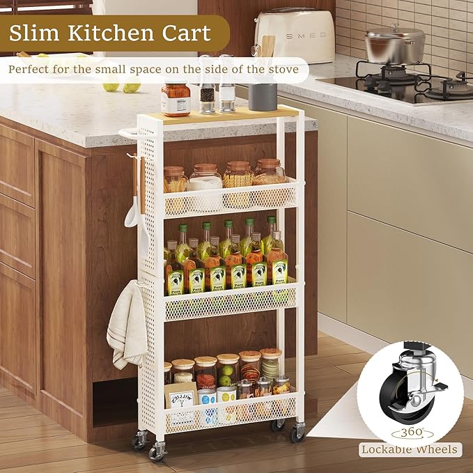 Utility Slim Storage Cart 4 Tier Small Rolling Kitchen Laundry Room Organization Cart with Wood Top Metal Narrow Bathroom Cart Cabinet Narrow Storage Cabinet Trolley with Handle for Small Space