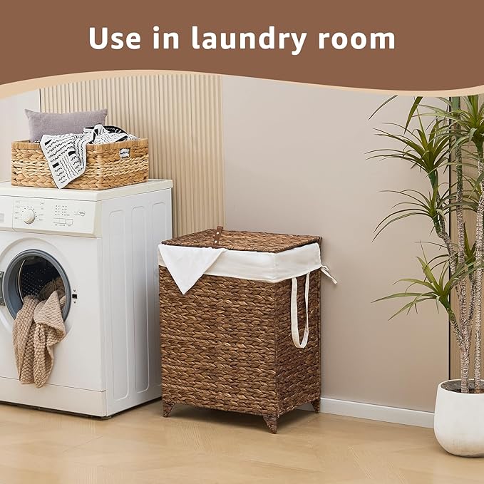 Laundry Hamper with Lid and Removable Liner Bag, Handwoven Natural Hyacinth Clothes Hamper with Heightened Feet, Wicker Laundry Basket for Clothes and Towels，Middle