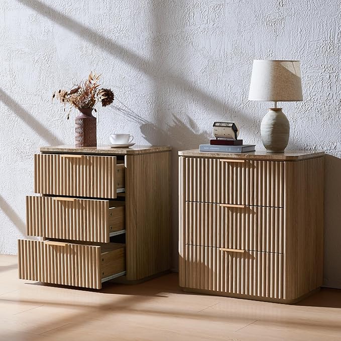 Fluted Nightstand Set of 2, Engineered Wood Bedside Table with 3 Drawers, Modern End Table with Faux Marble-Top, Curved Corners, Metal Handle, Large Night Stand for Bedroom, Office, Closet Natural Oak