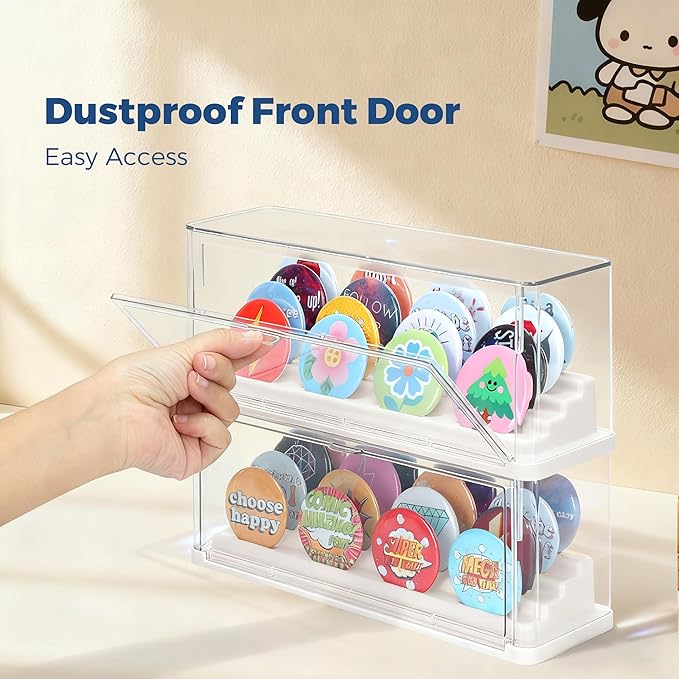 2 Pack Button Pin Display Case – 4-Tier Clear Badge Storage Box, Stackable Dustproof Pin Organizer with Front Door for Button Pins, Enamel Pins, and Collectibles (White-2 Pack)