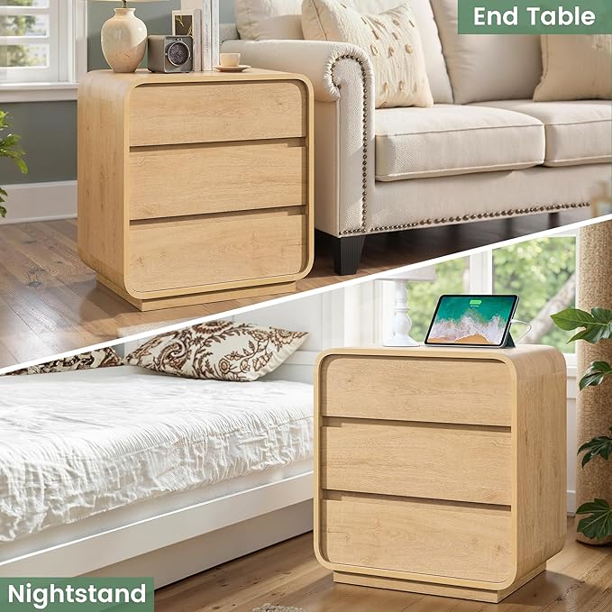 Modern Nightstand Set of 2, 23.2" Large Wood Night Stand with Charging Station & Curved Profile, 3 Storage Drawers Dresser Bedside Table, Mid-Century End Table for Bedroom Sofa, Natural