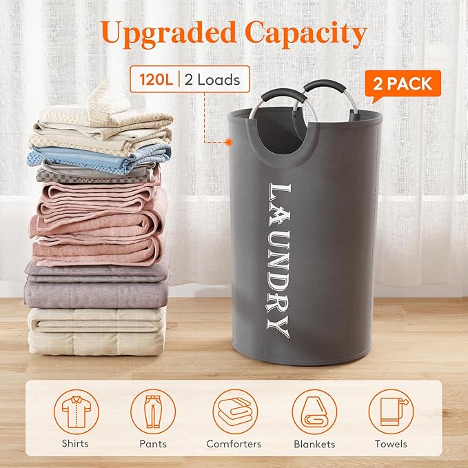 Lifewit 120L 2-Pack Large Laundry Basket, Collapsible Laundry Hamper with Aluminum Handles, Waterproof Freestanding Dirty Clothes Hampers for Laundry Room Bedroom Dorm Bathroom, Grey