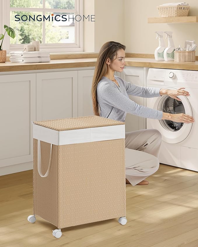 SONGMICS HOME Laundry Hamper with 2 Section, 100 L Large Rolling Laundry Basket with Wheels, Rattan Clothes Hamper with Lid, Removable Liner with Handles, Natural Beige and Matte White ULCB601N01