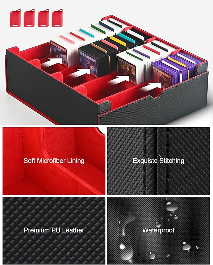 ZLCA Card Storage Box for MTG PTCG, Commander Deck Box Holds 3200+ Cards, Trading Card Storage Case with 4 Stoppers, Card Organizer for TCG Sport Cards(Black&Red)